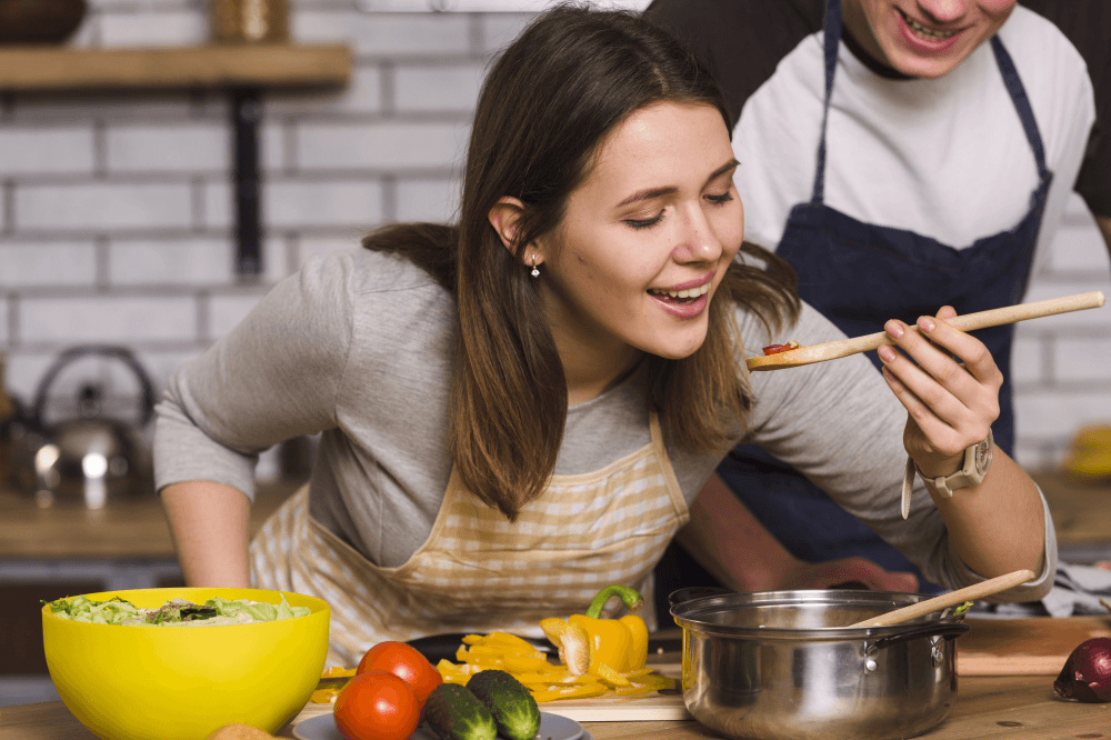 Couple preparing healthy dinner together