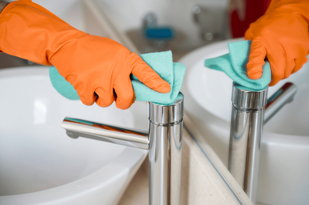 Woman cleaning the bathroom tap, wearing orange plastic gloves